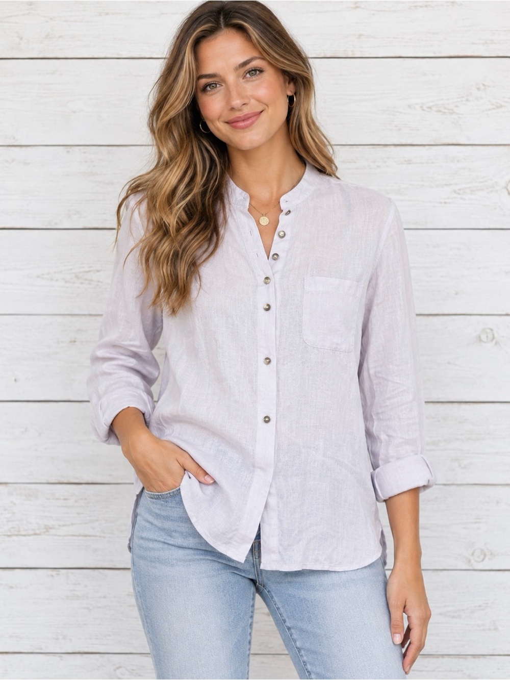 J. Jill 100% Linen Mandarin Collar Button-Front Blouse - Small